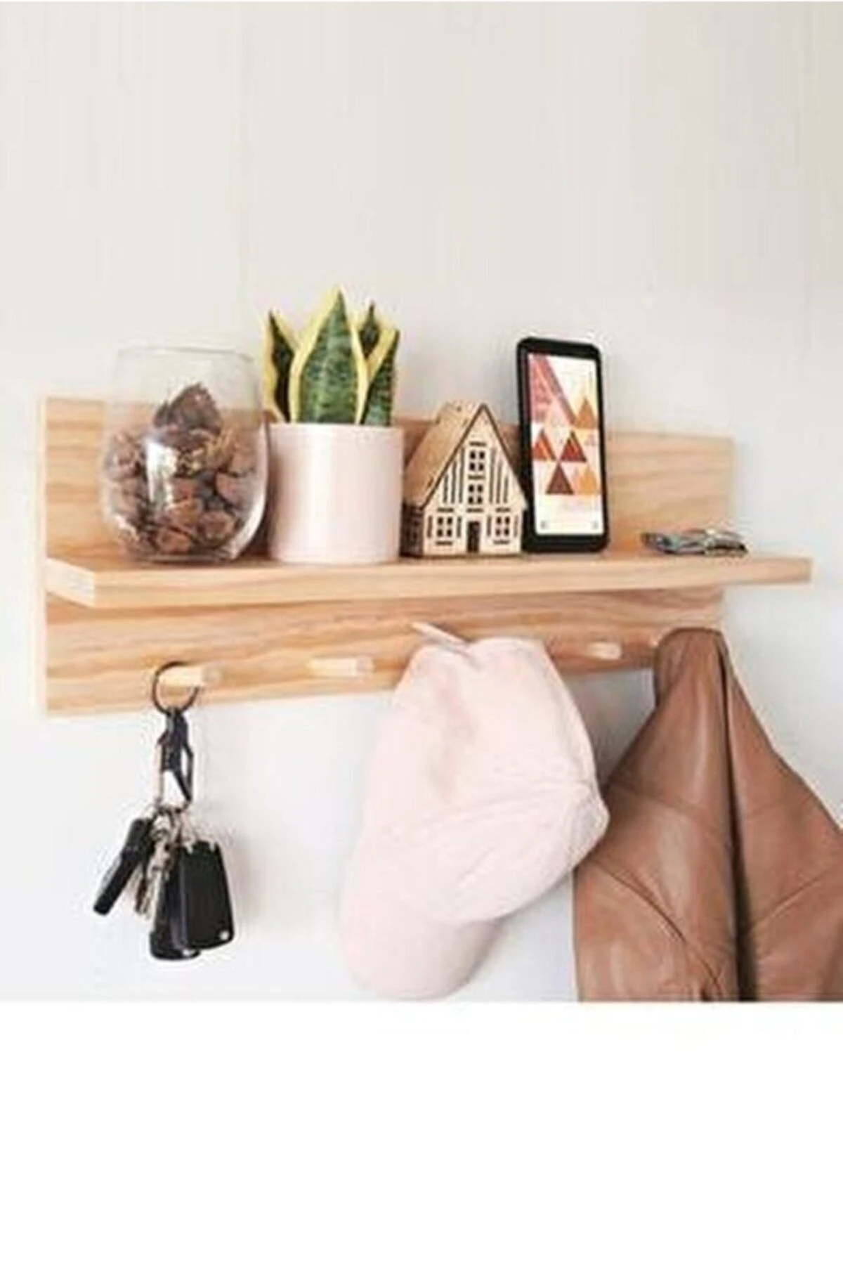 Dekoratif Ahşap Askılık Duvar Rafı 60 Cm