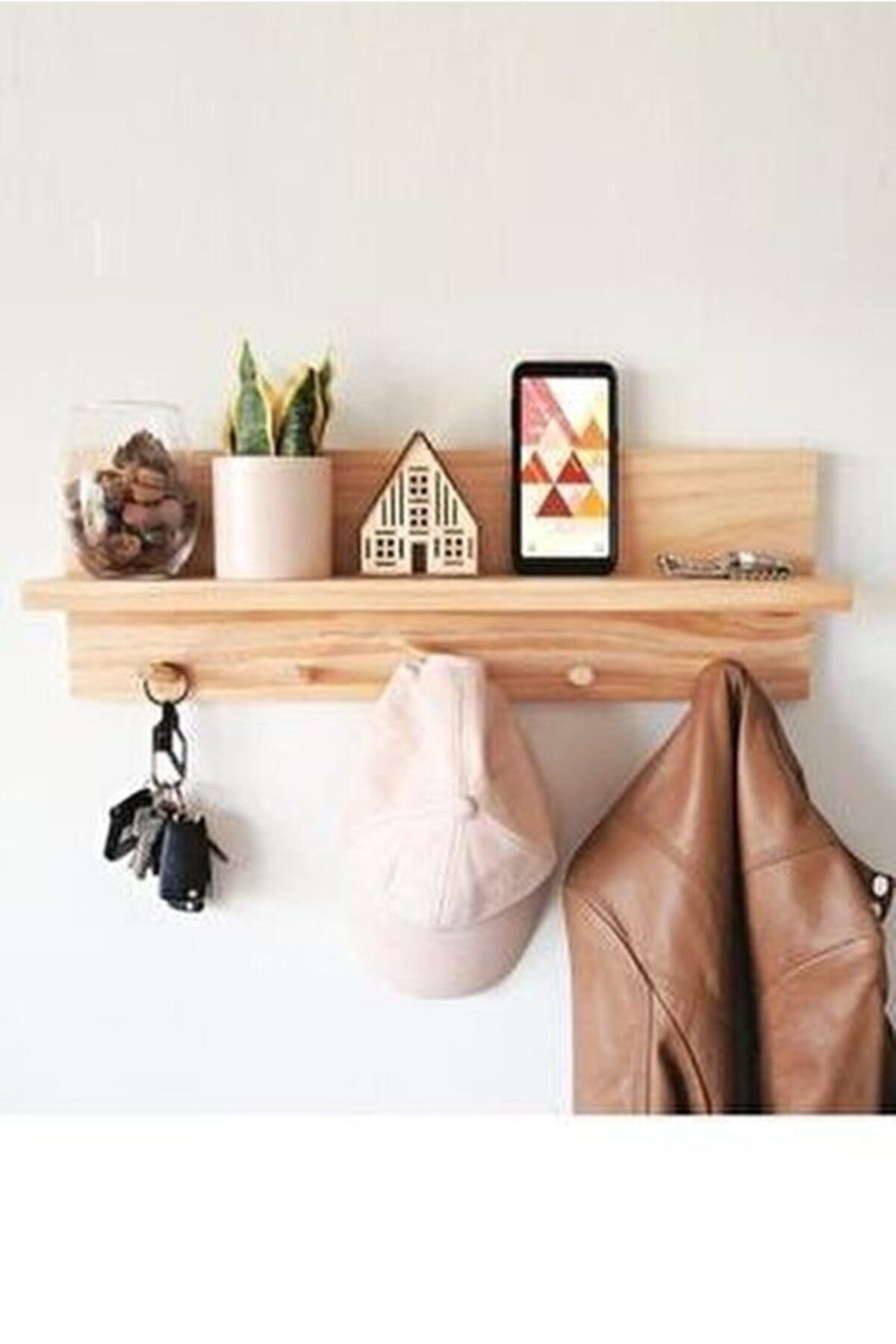 Dekoratif Ahşap Askılık Duvar Rafı 60 Cm