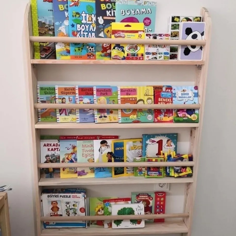 Mrt Ahşap Montessori Kitaplık Geniş Model Renkli Yuvarlak Çıtalı 4 katlı
