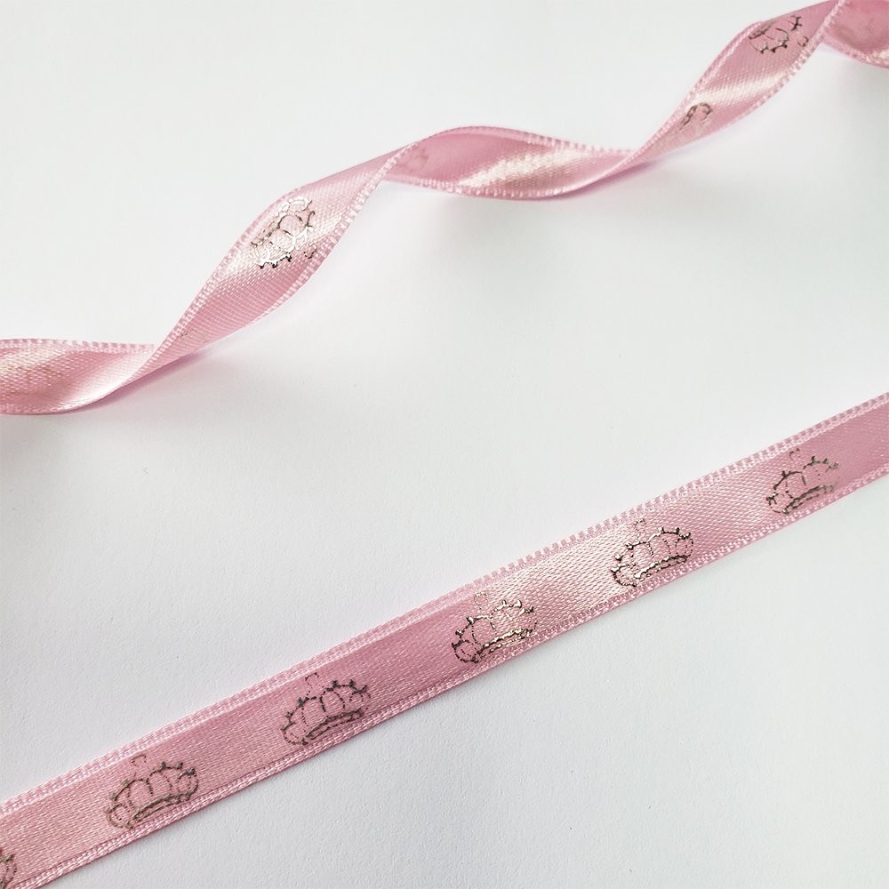 Saten Varak Kraliçe Baskılı Kurdele 1 cm Pembe Gümüş 5 Metre