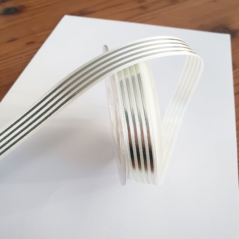 Saten Çizgili Varak Baskılı Gümüş Renk 1,5 cm Kurdele 5 Metre