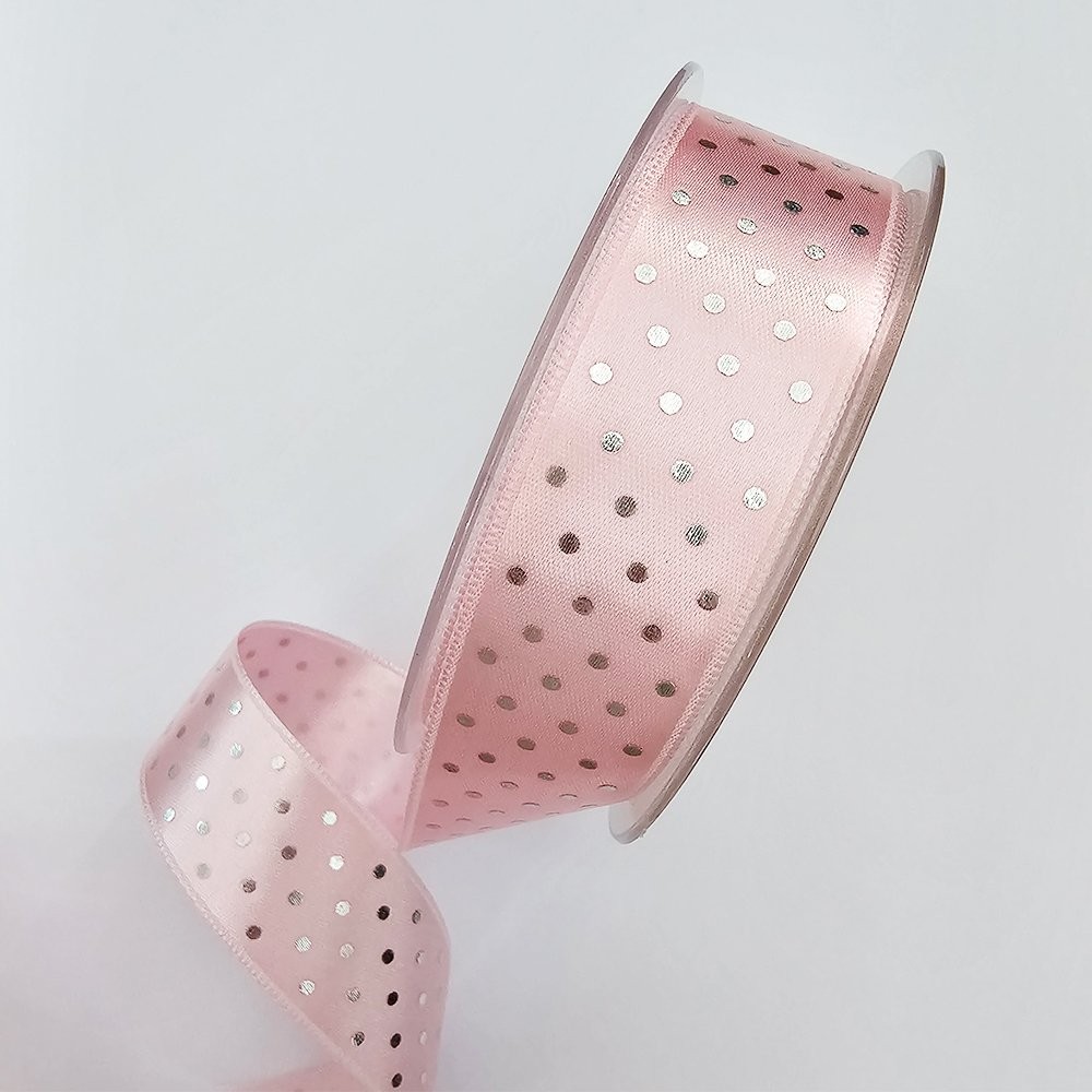 Saten Varak Puantiye Baskılı 2,5 cm 5 Metre Pembe Gümüş Kurdele