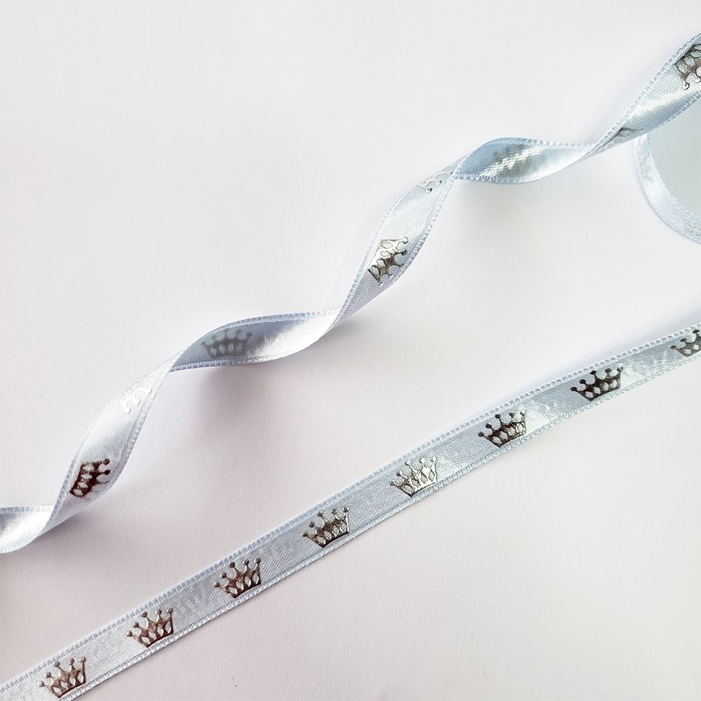 Saten Varak Kral Tacı Baskılı Kurdele 1 cm Mavi Gümüş 5 Metre