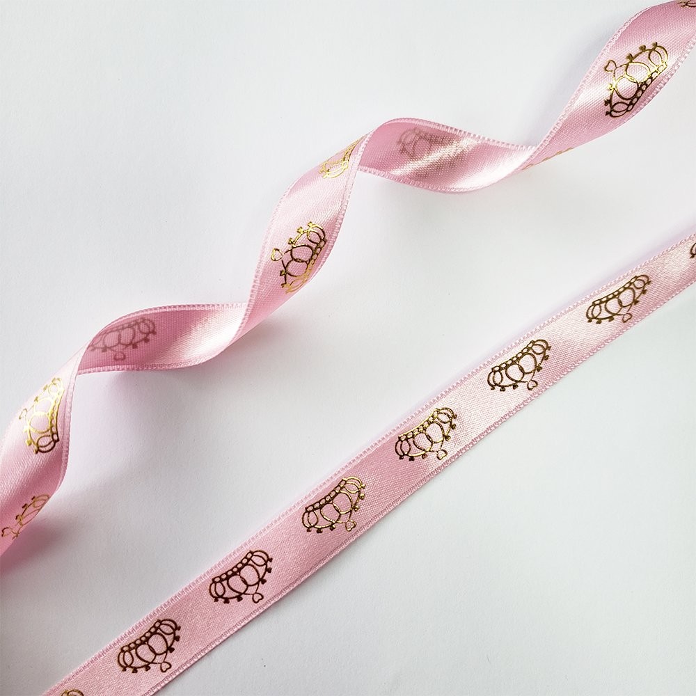 Saten Varak Kraliçe Baskılı Kurdele 1,5 cm Pembe Altın 5 Metre