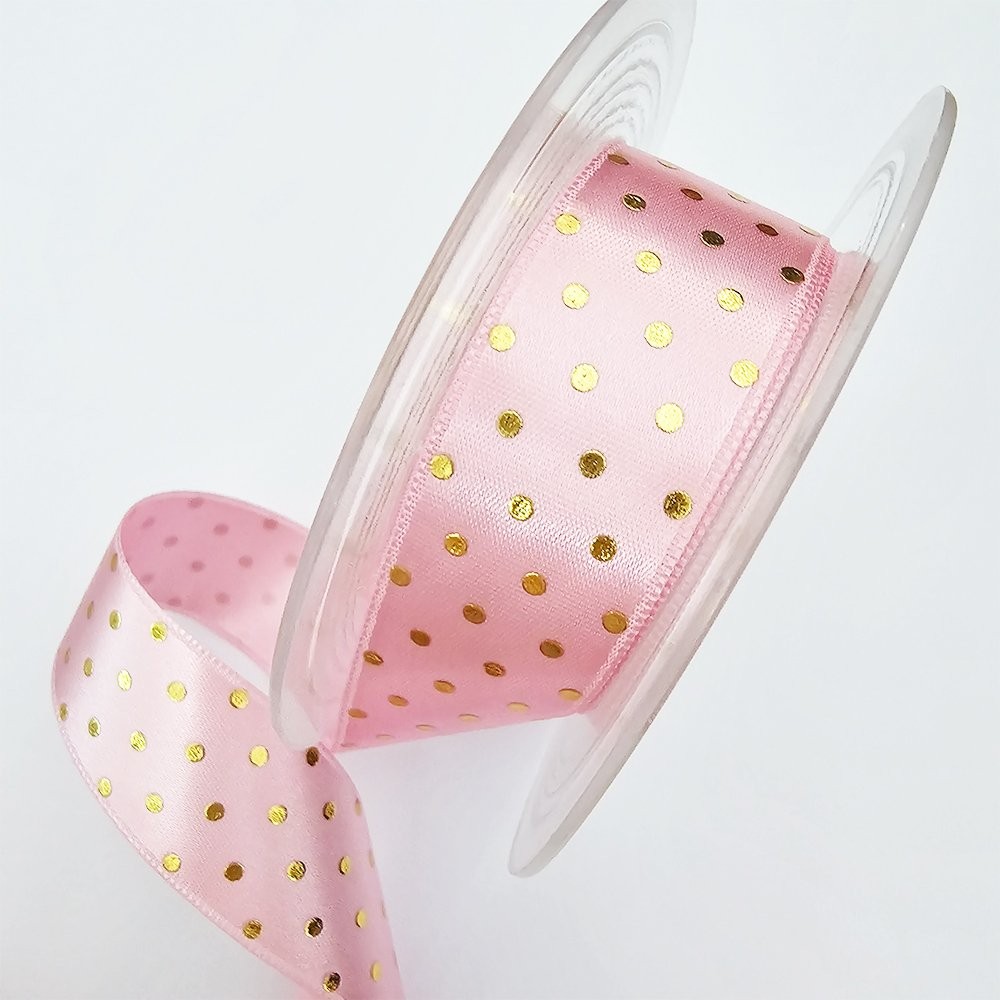 Saten Varak Puantiye Baskılı 2,5 cm 5 Metre Pembe AltınKurdele