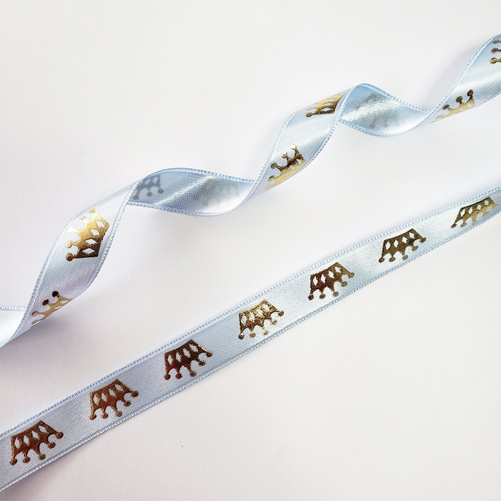 Saten Varak Kral Tacı Baskılı Kurdele 1,5 cm Mavi Altın 5 Metre