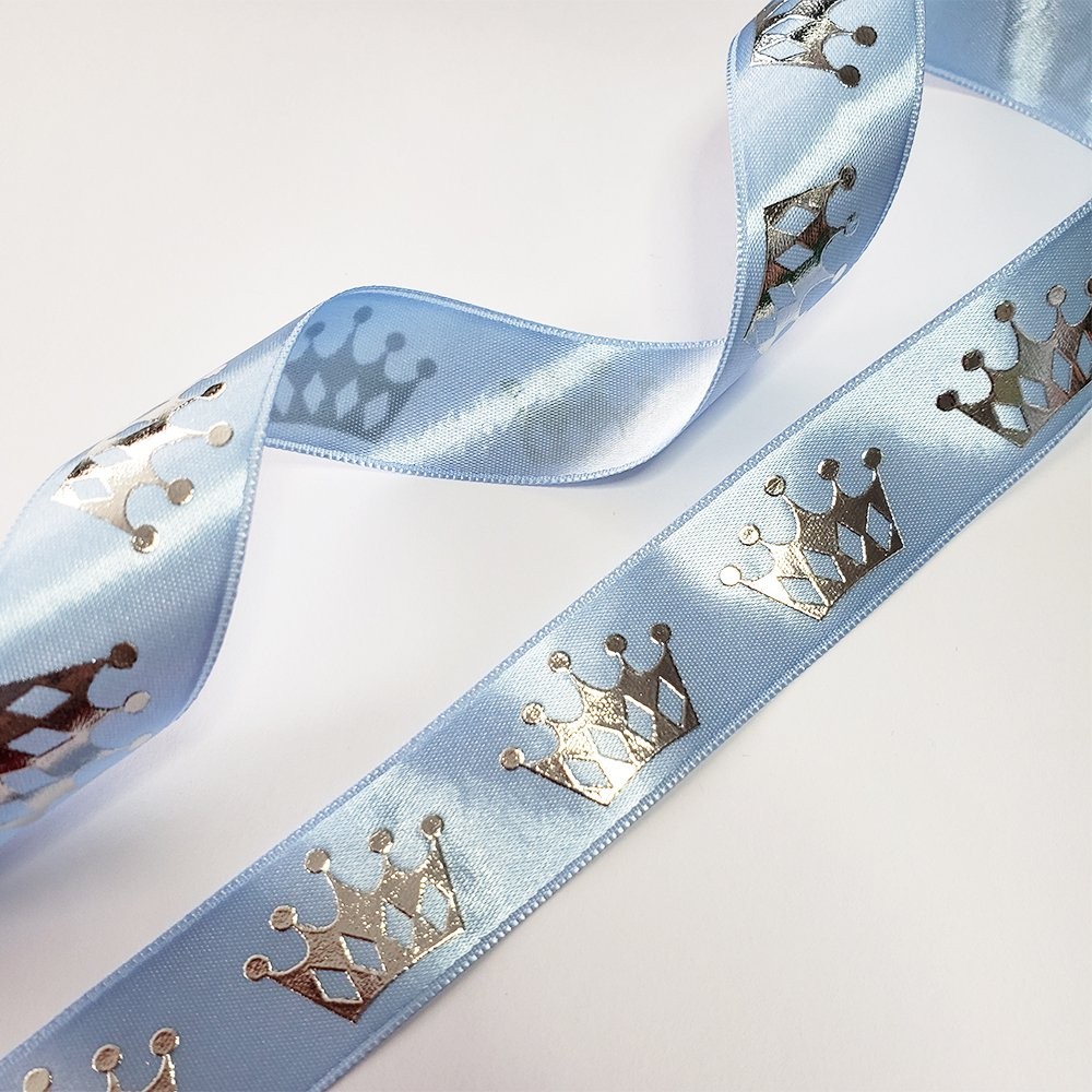 Saten Varak Kral Tacı Baskılı Kurdele 2,5 cm Mavi Gümüş 5 Metre
