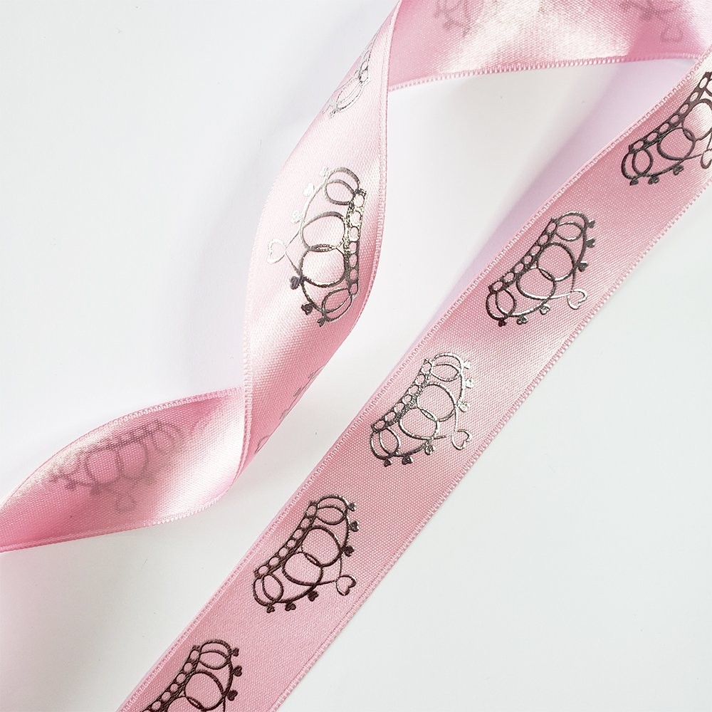 Saten Varak Kraliçe Baskılı Kurdele 2,5 cm Pembe Gümüş 5 Metre