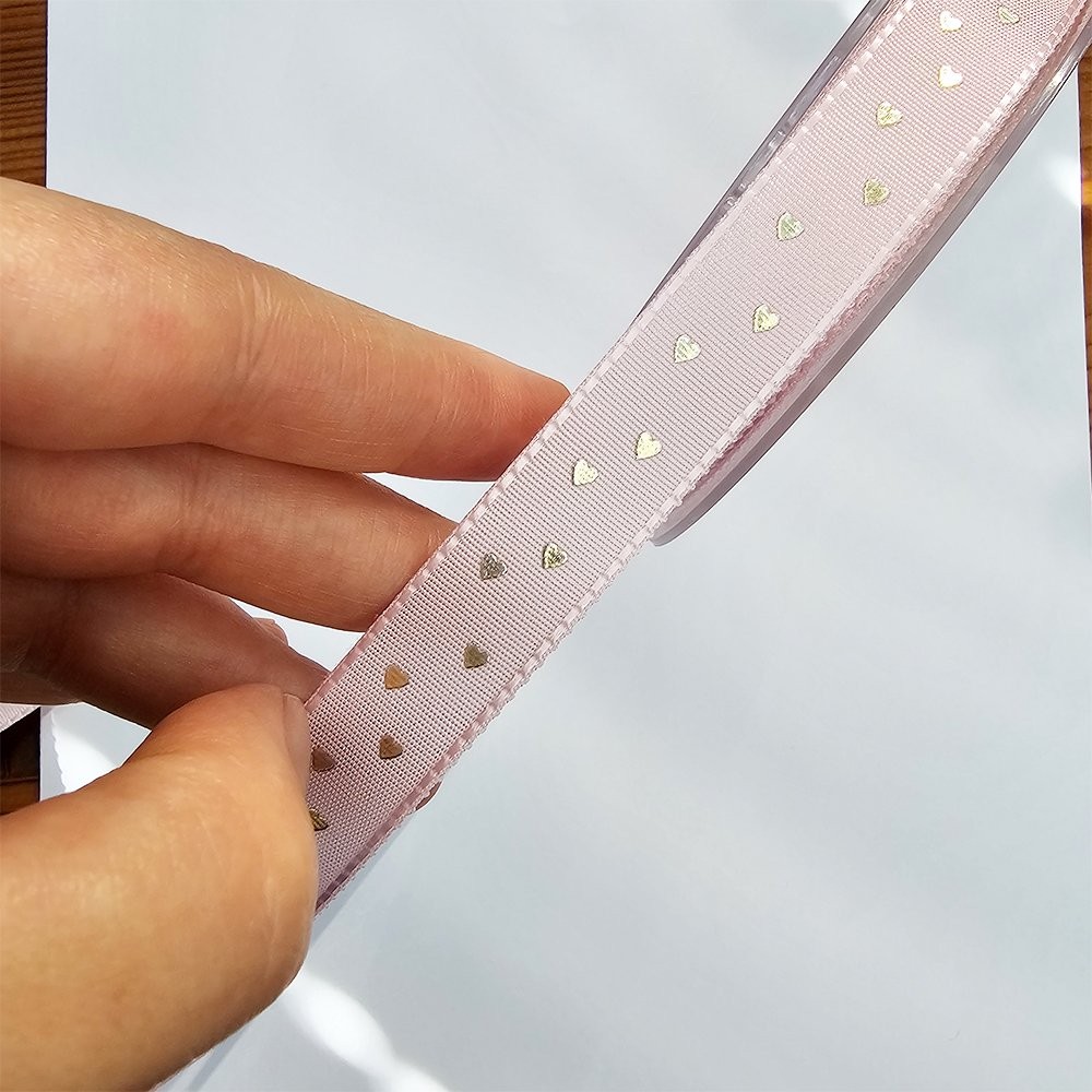 Tafta Varak Kalp Baskılı 15 mm Kurdele Pembe Altın 20 Metre