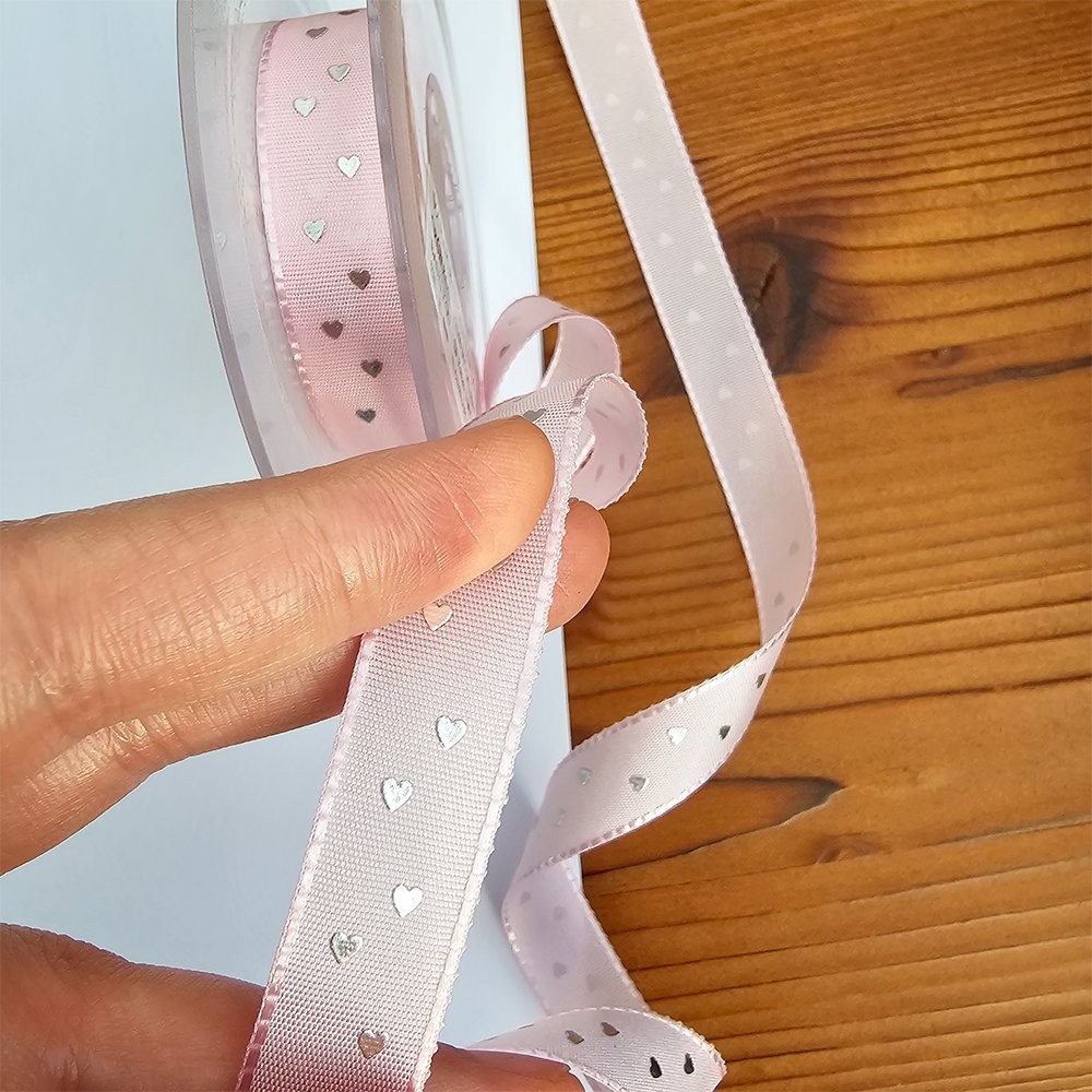 Tafta Varak Kalp Baskılı 15 mm Kurdele Pembe Gümüş 20 Metre