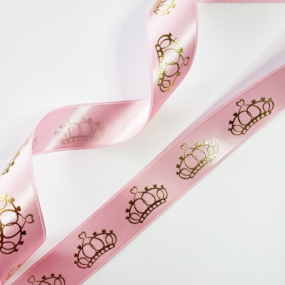 Saten Varak Kraliçe Baskılı Kurdele 2,5 cm Pembe Altın 5 Metre