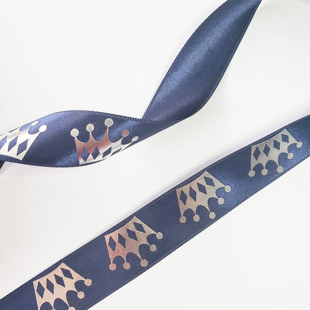 Saten Varak Kral Tacı Baskılı Kurdele 2,5 cm Lacivert 5 Metre