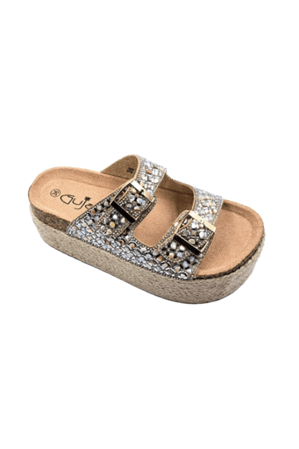 Guja Espadril Yüksek Taban (6 CM) Çift Tokalı Taşlı Bej Kadın Terlik 25Y105 BJ