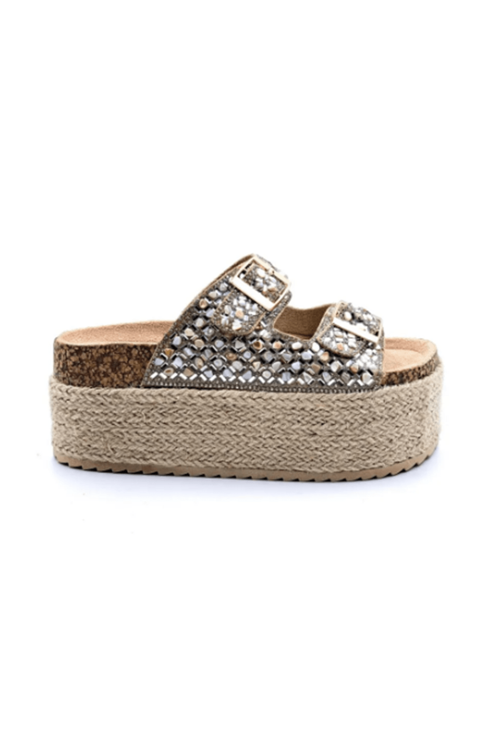 Guja Espadril Yüksek Taban (6 CM) Çift Tokalı Taşlı Bej Kadın Terlik 25Y105 BJ