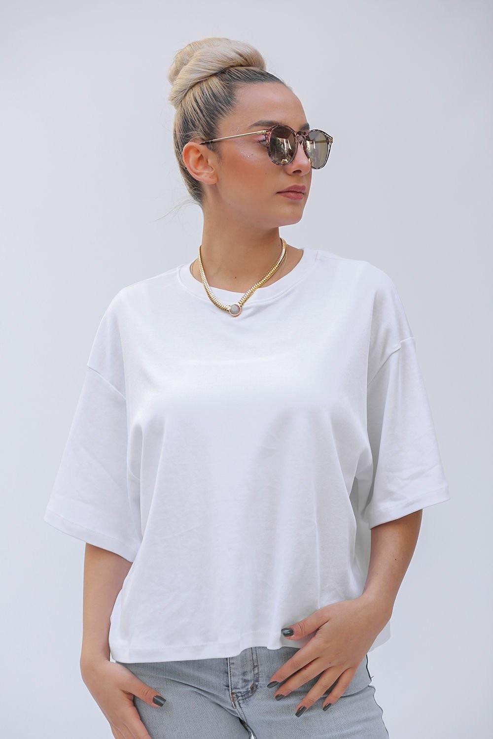 Pamuk Beyaz Renk Kadın Basic Tshirt D30119