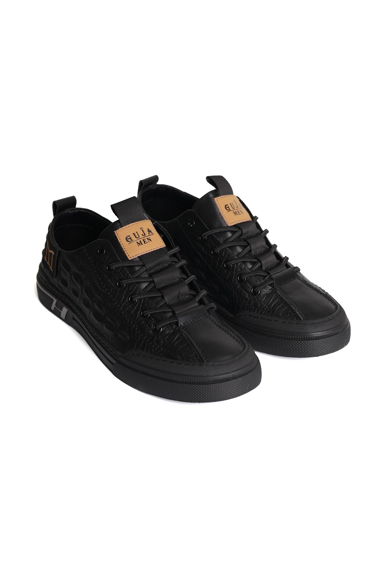 Hakiki Deri Kabartma Yan Detaylı Siyah Erkek Sneaker