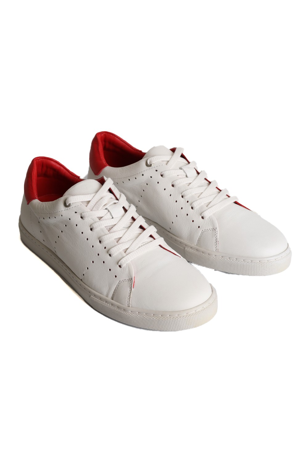 Hakiki Deri El Yapımı Ortapedik Beyaz Kırmızı Tabanlı Erkek Sneakers