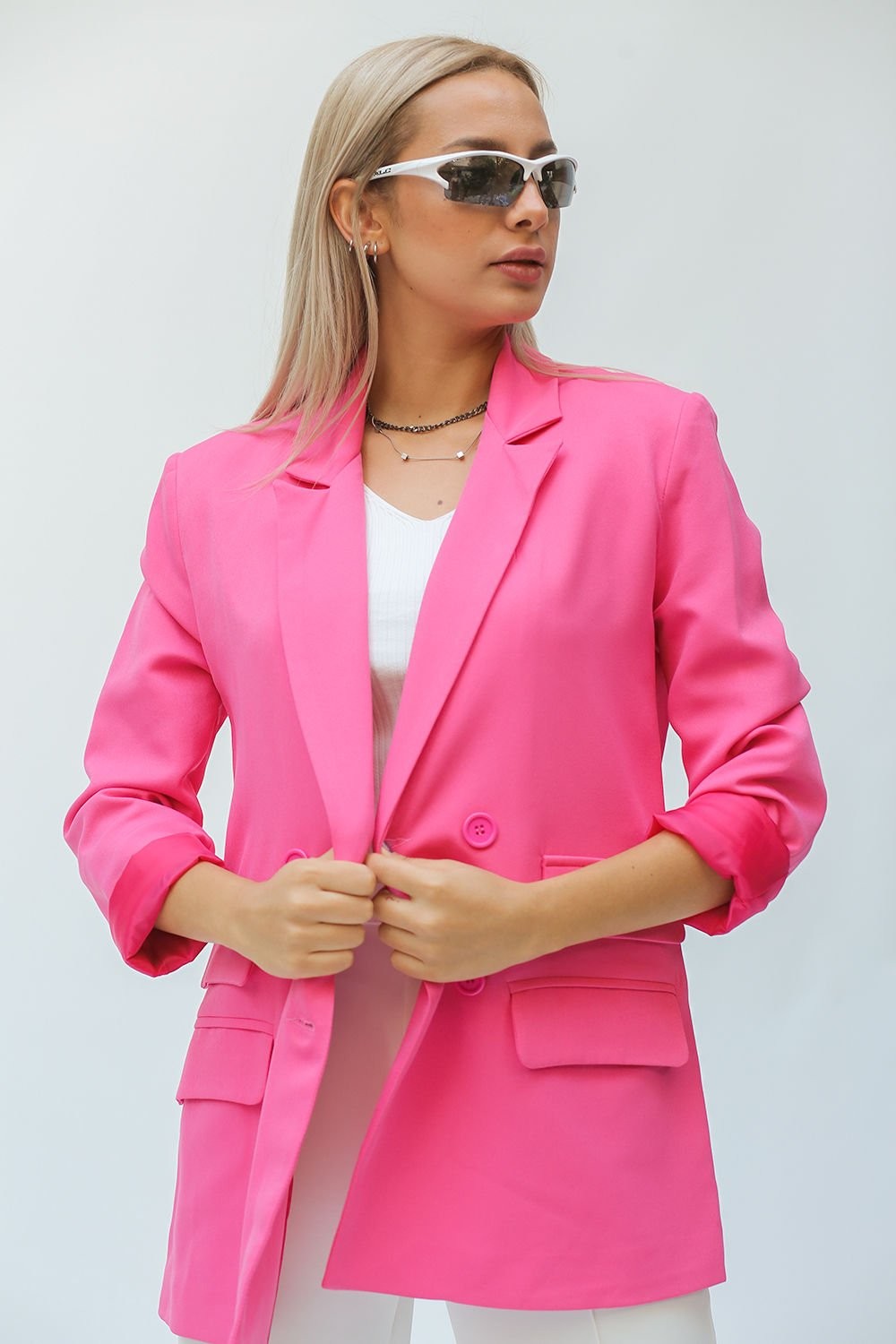 Çift Cep Kapak Detaylı Regular Kesimli Pembe Renkli Kadın Blazer Ceket L5608