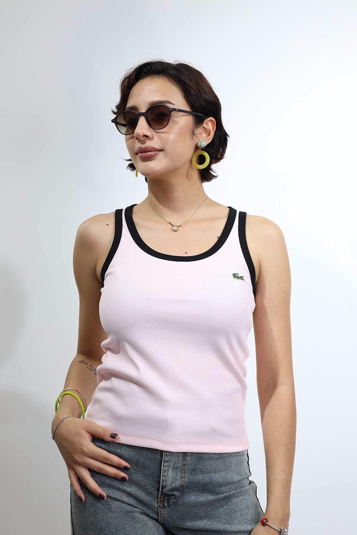 Kolsuz Çizgili Pembe Kadın Siyah T-Shirt
