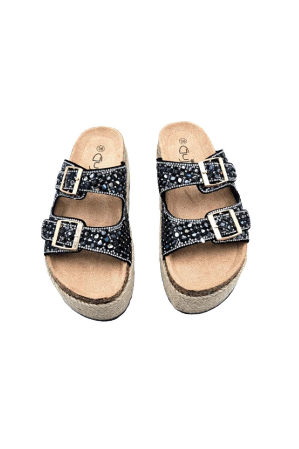 Guja Espadril Yüksek Taban (6 CM) Çift Tokalı Taşlı Siyah Kadın Terlik