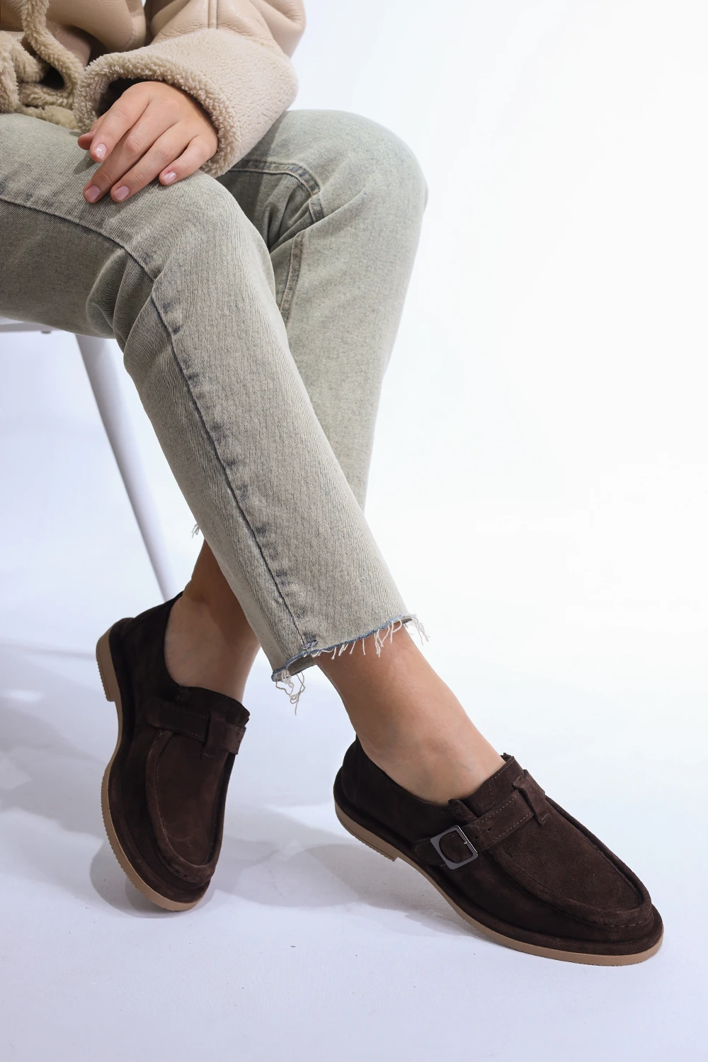 Hakiki Deri El Yapımı Anatomik Taban Acı Kahve Kadın Loafer R004