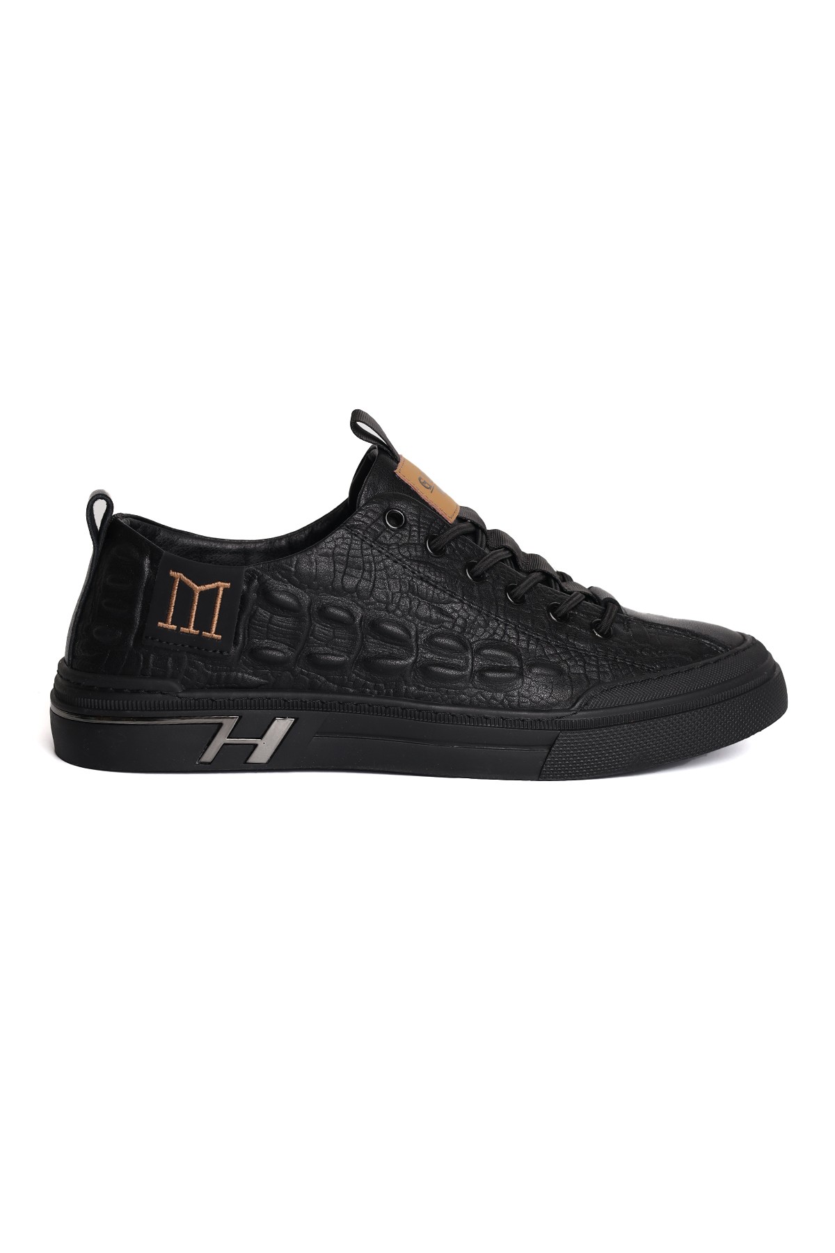 Hakiki Deri Kabartma Yan Detaylı Siyah Erkek Sneaker