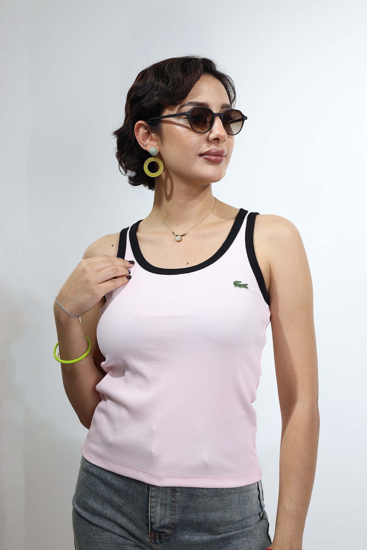 Kolsuz Çizgili Pembe Kadın Siyah T-Shirt