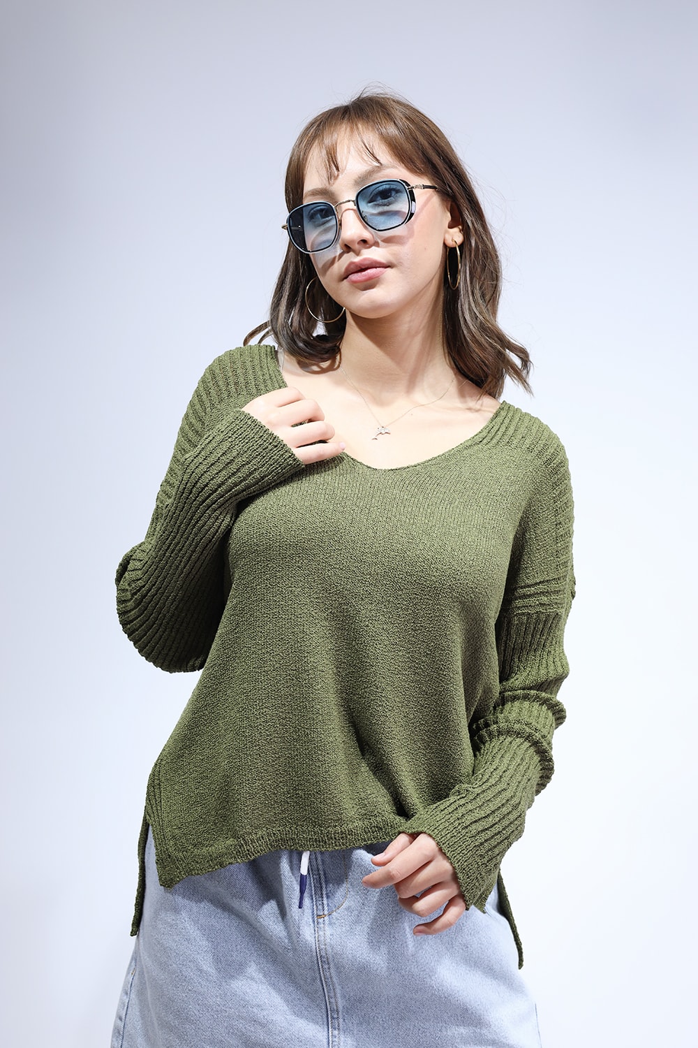 Orjinal Marka Oversize Kesim Kadın Triko Haki Bluz