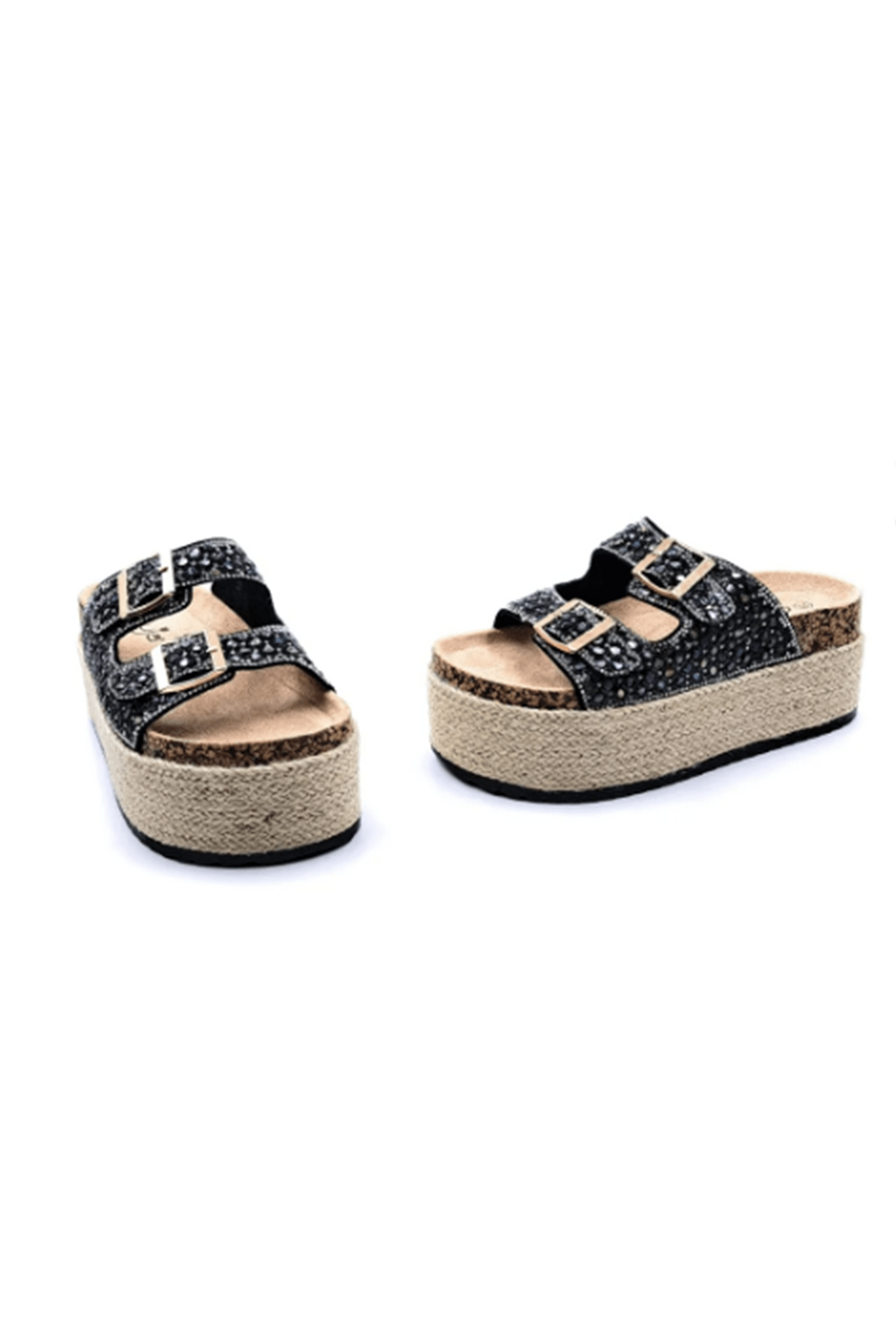 Guja Espadril Yüksek Taban (6 CM) Çift Tokalı Taşlı Siyah Kadın Terlik