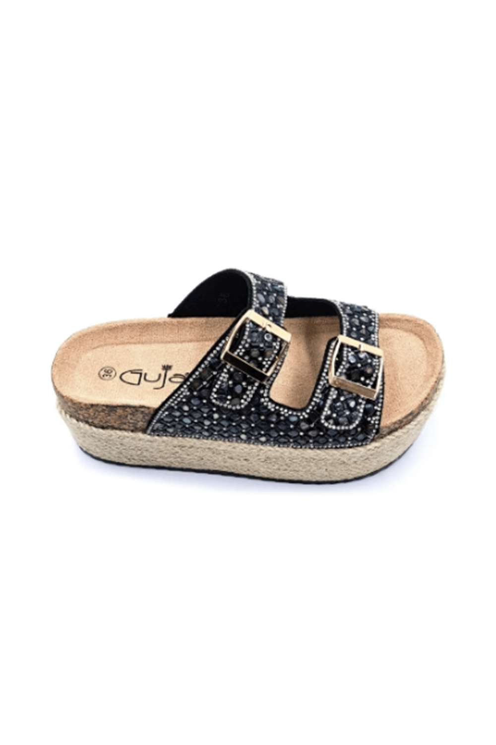 Guja Espadril Yüksek Taban (6 CM) Çift Tokalı Taşlı Siyah Kadın Terlik