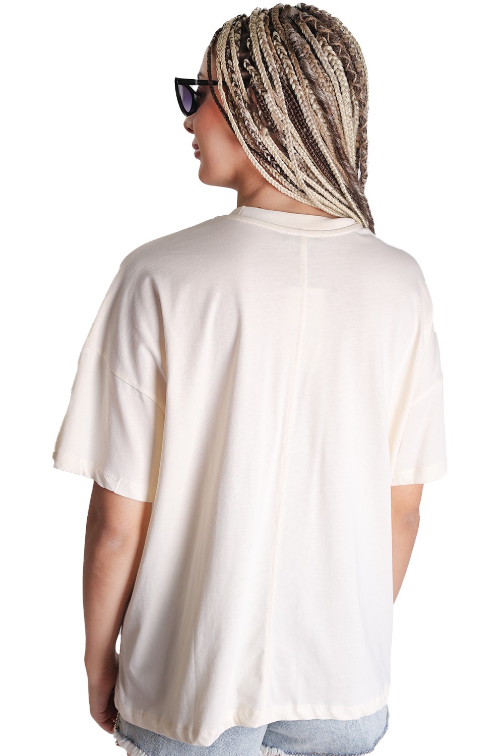 Qustile Doğal Pamuk Dokulu Basklı Oversize Kadın T-shirt Q241033