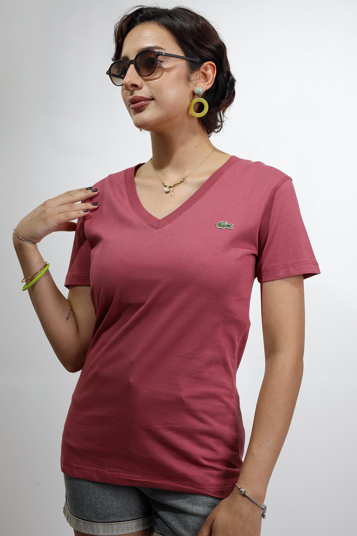 V Yaka Kadın Pembe T-shirt