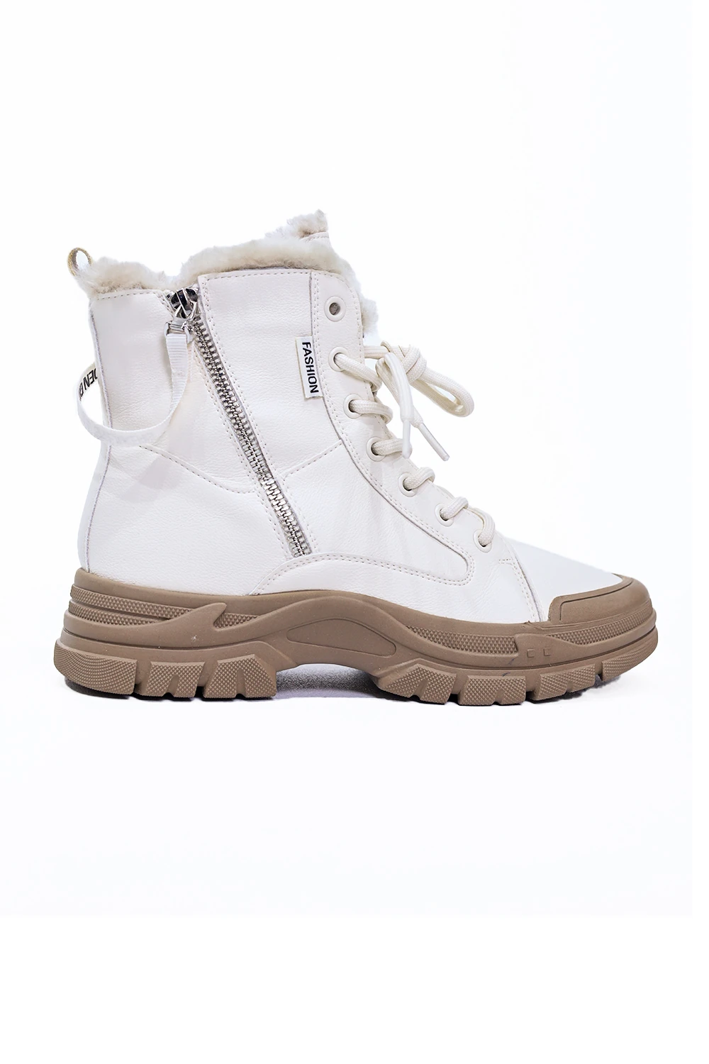 İthal Doğal Deri İç Kısmı Kürk Detaylı Ekru Kadın Spor Bot