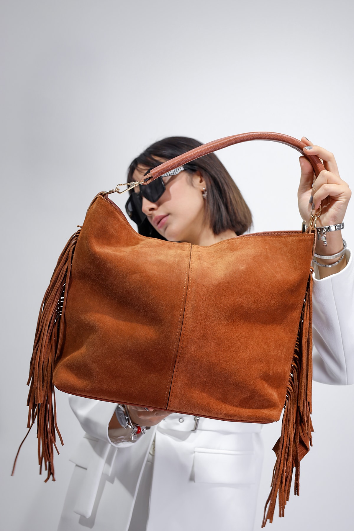 Hakiki Deri Yanları Püskül Detaylı Tasarım Günlük Çanta