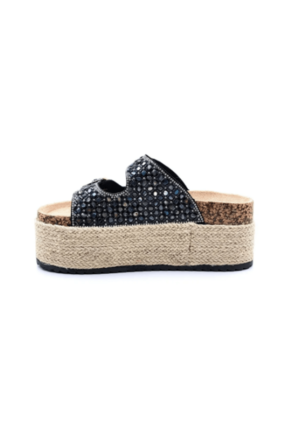 Guja Espadril Yüksek Taban (6 CM) Çift Tokalı Taşlı Siyah Kadın Terlik