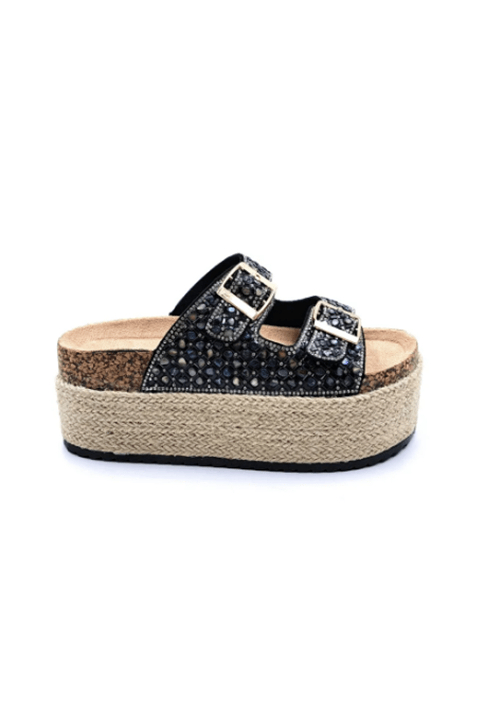 Guja Espadril Yüksek Taban (6 CM) Çift Tokalı Taşlı Siyah Kadın Terlik