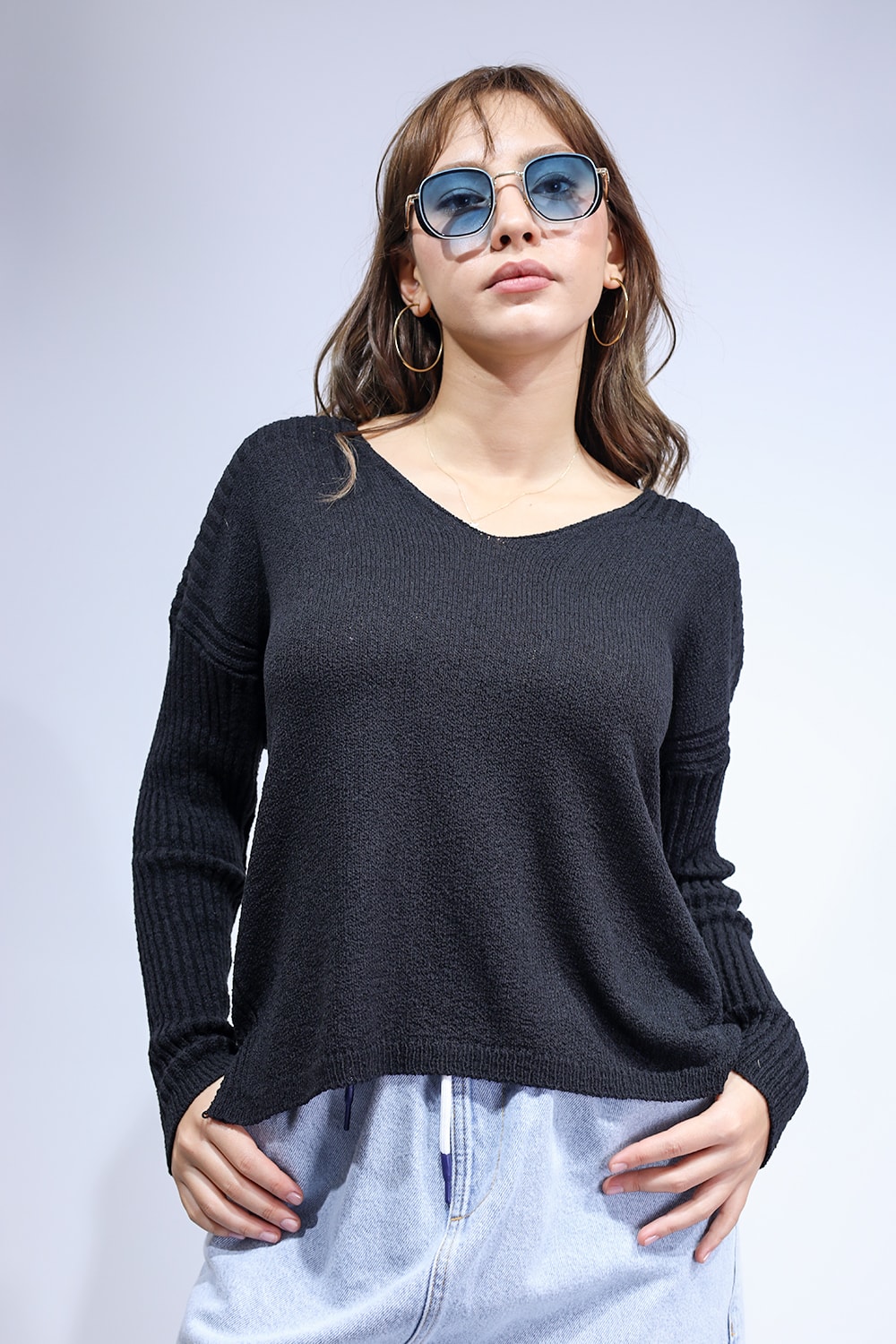 Orjinal Marka Oversize Kesim Kadın Triko Siyah Bluz