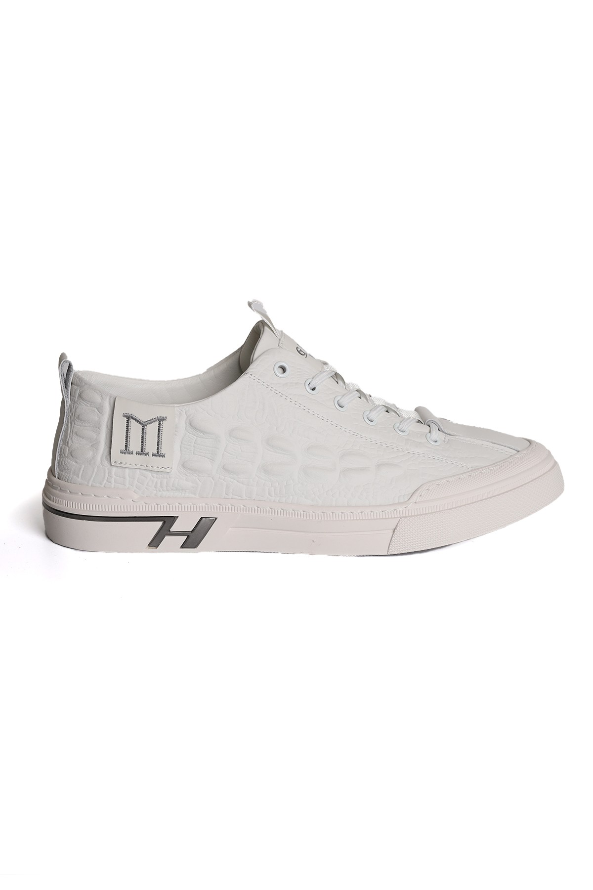 Hakiki Deri Kabartma Yan Detaylı Beyaz Erkek Sneaker