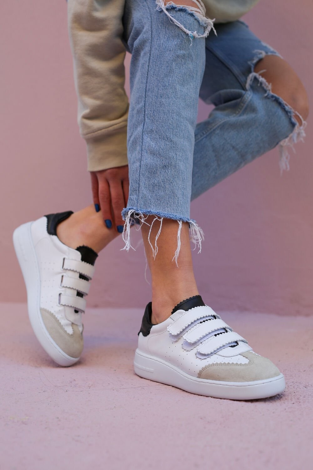 Lucy Doğal Deri Materyal Eva Taban Beyaz-Bej Renk Kadın Sneakers R110