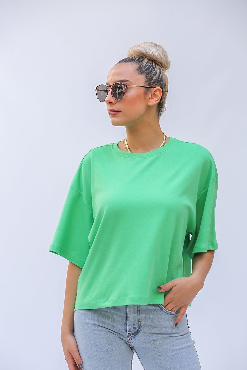 Pamuk Çağla Renk Kadın Basic Tshirt D30119