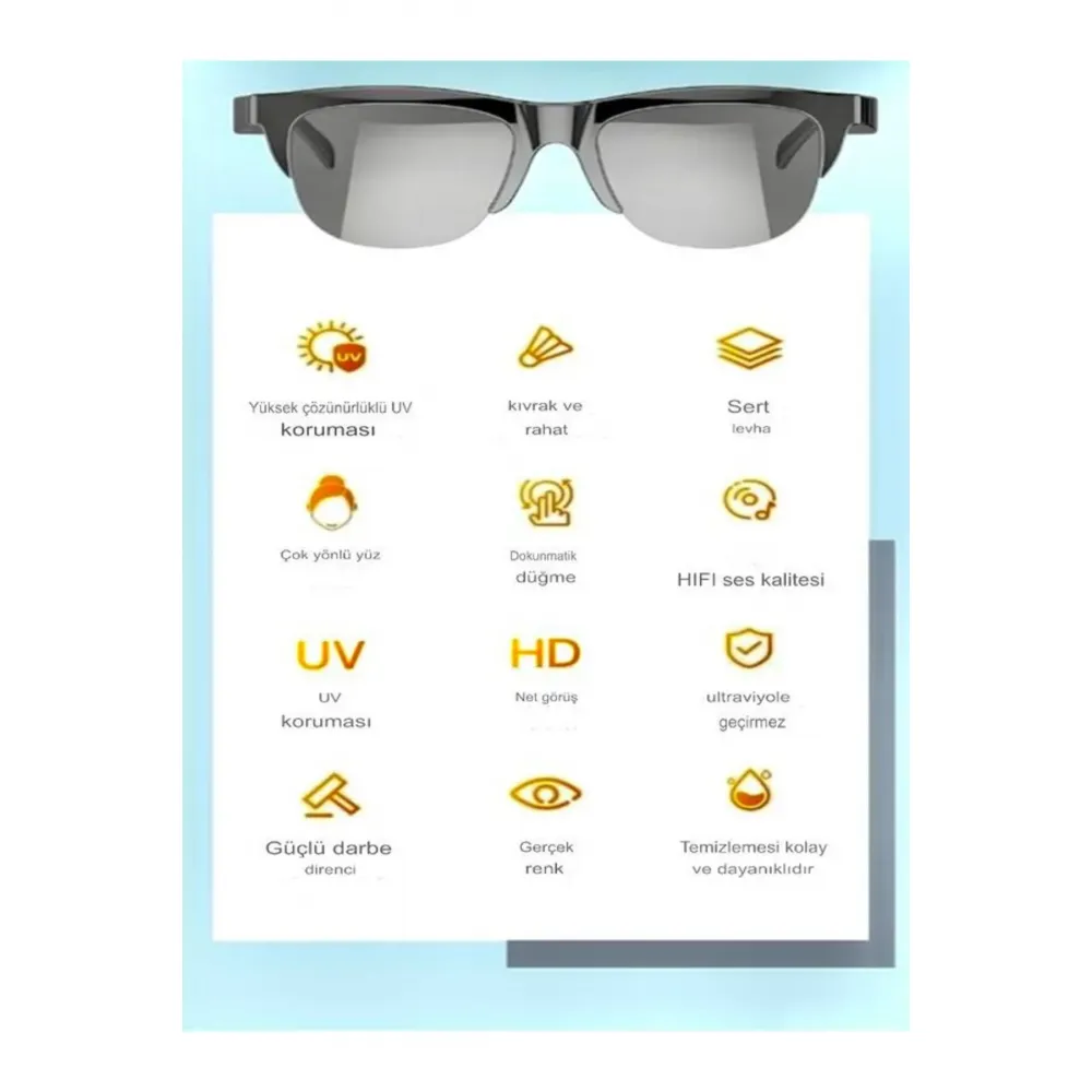 Unisex Bluetooth 5.3 HIFI Çift Hoparlörlü Akıllı UV HD Güneş Gözlüğü - Dokunmatik Kontrol