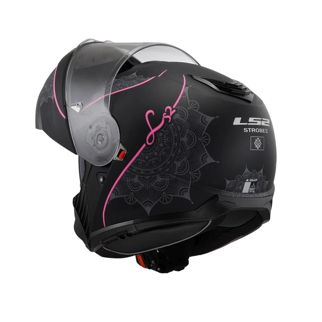 Ls2 Strobe 2 Lux Mat Siyah - Pembe Çene Açılır Kask Vizörlü Motosiklet Kaskı