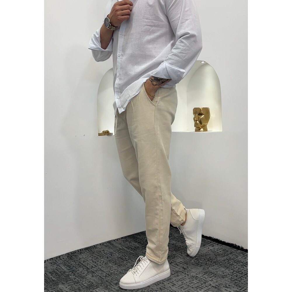 Keten Double Paça krem pantolon