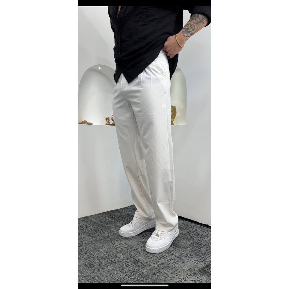 Beyaz Baggy Kumaş Pantalon