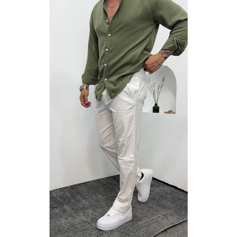 Regular Kalıp Keten Pantalon beyaz
