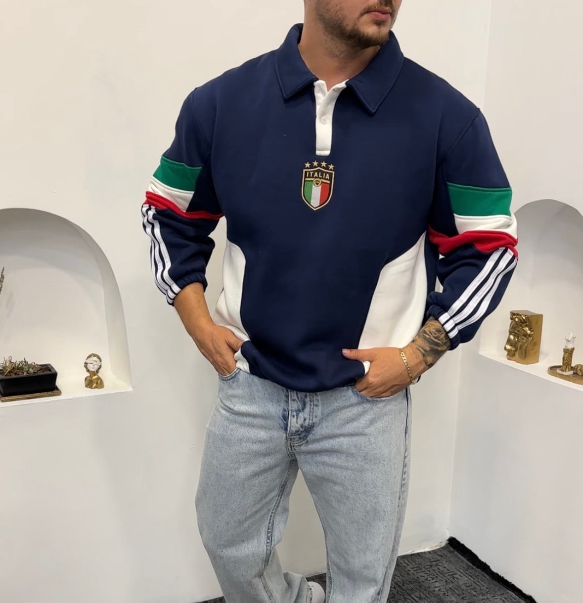 İtalya Polo yaka Pamuk Sweat 