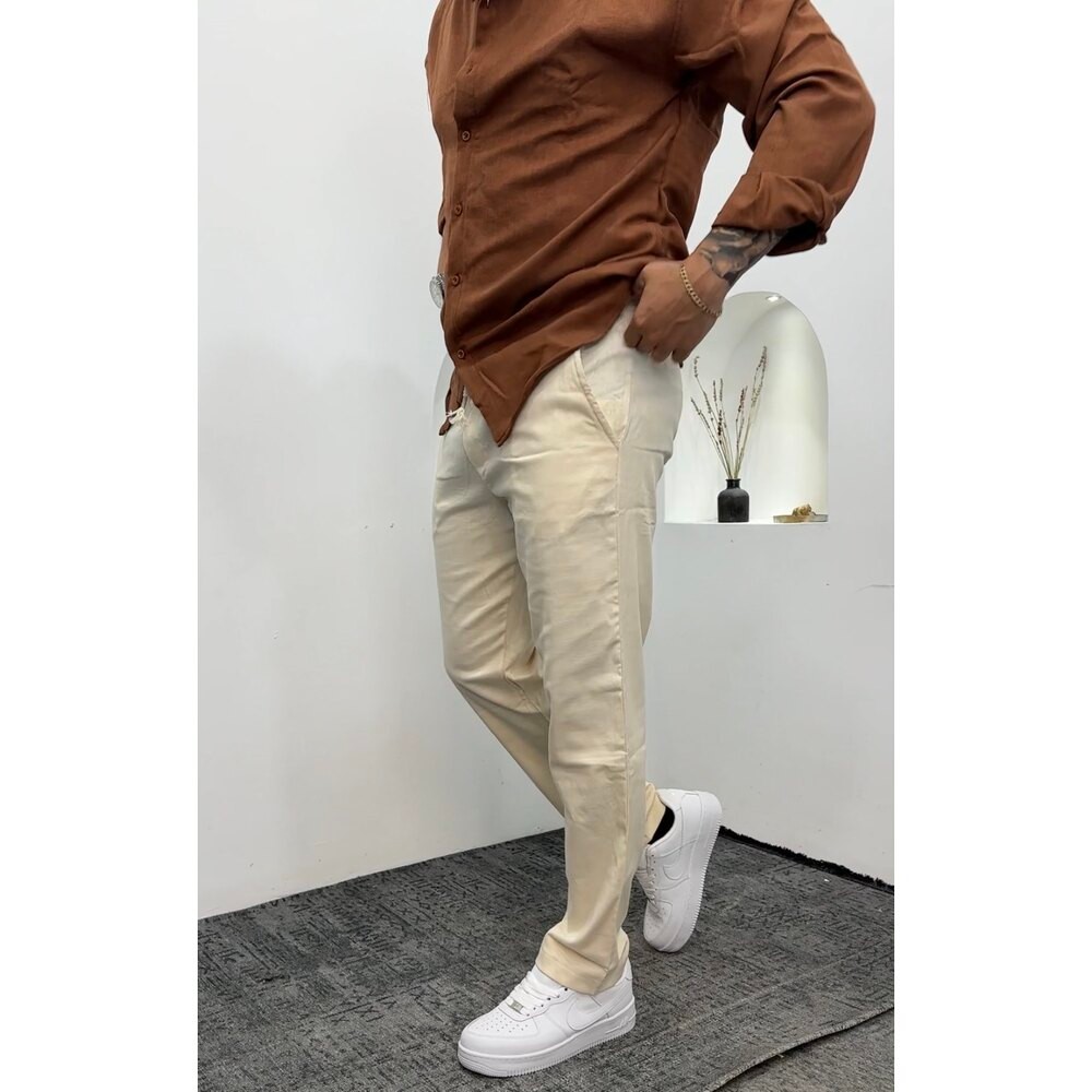 Regular Kalıp Keten Pantalon krem