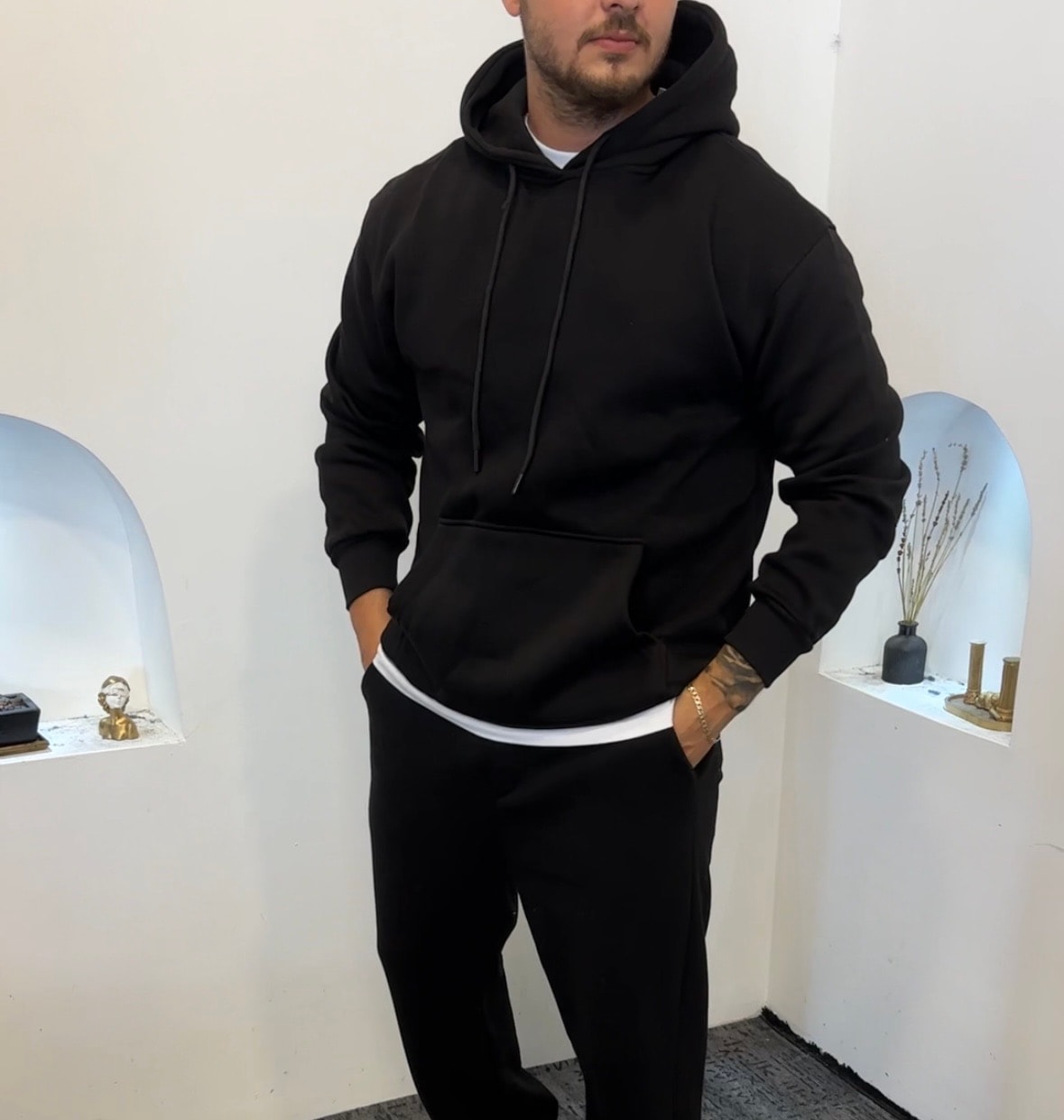 •Kapşonlu Sweat 3 İplik Şardonlu Pamuk Oversize 