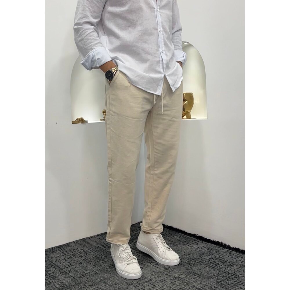 Keten Double Paça krem pantolon