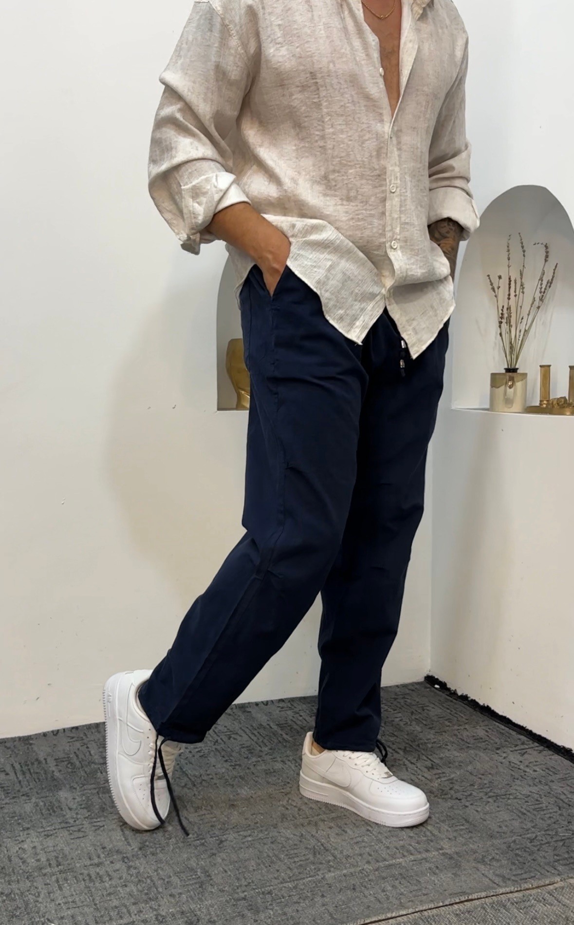 Mavi Kırınkıl Keten Baggy Paça Ayarlanabilir 